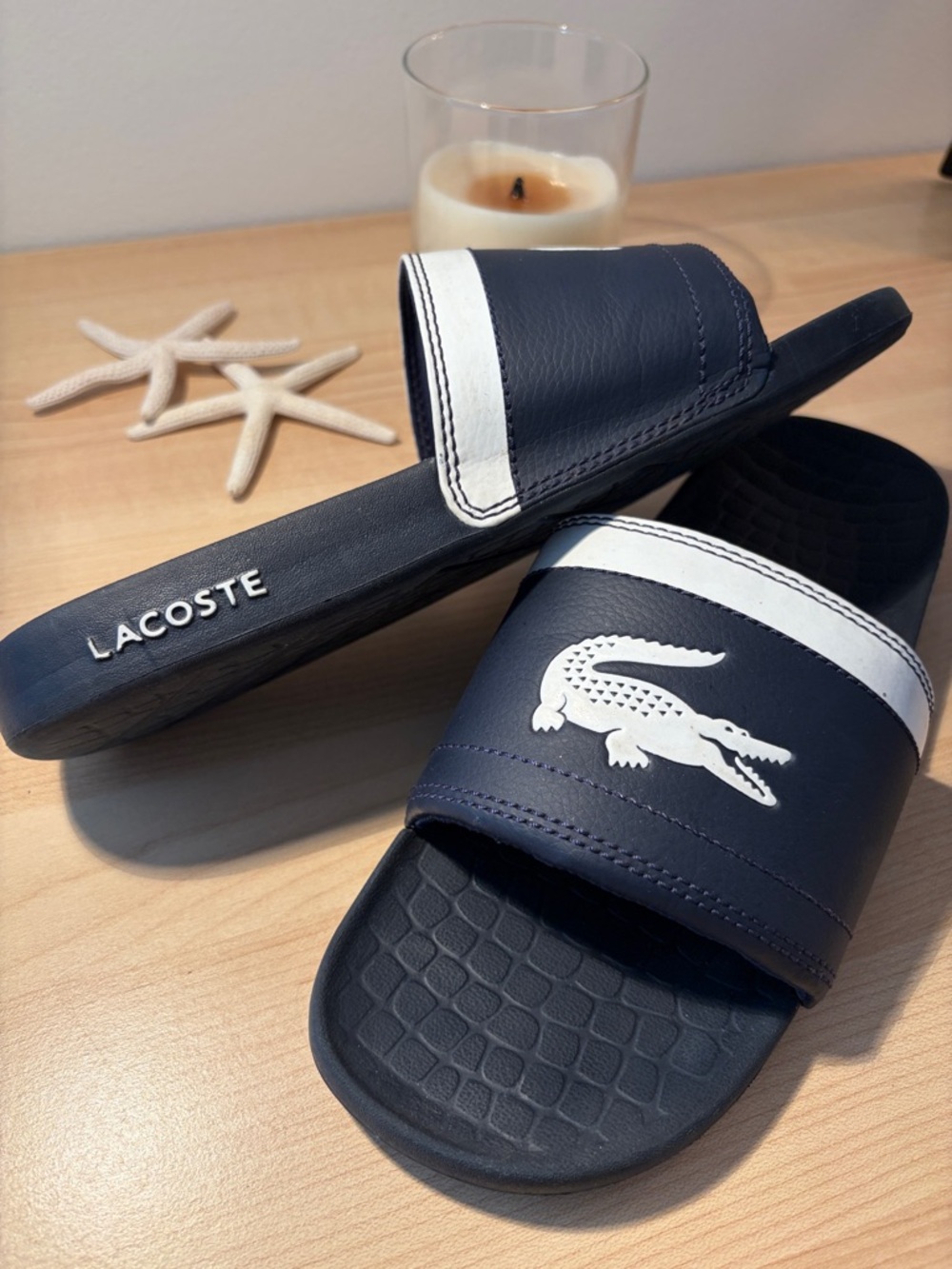 Lacoste Navy & White Croc Logo Slide Sandals